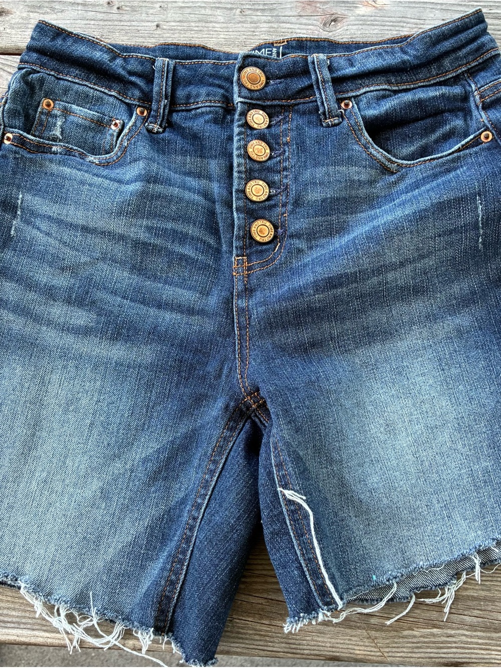 Time and Tru Mid-Blue Button-Fly Frayed Cut Off Denim Shorts